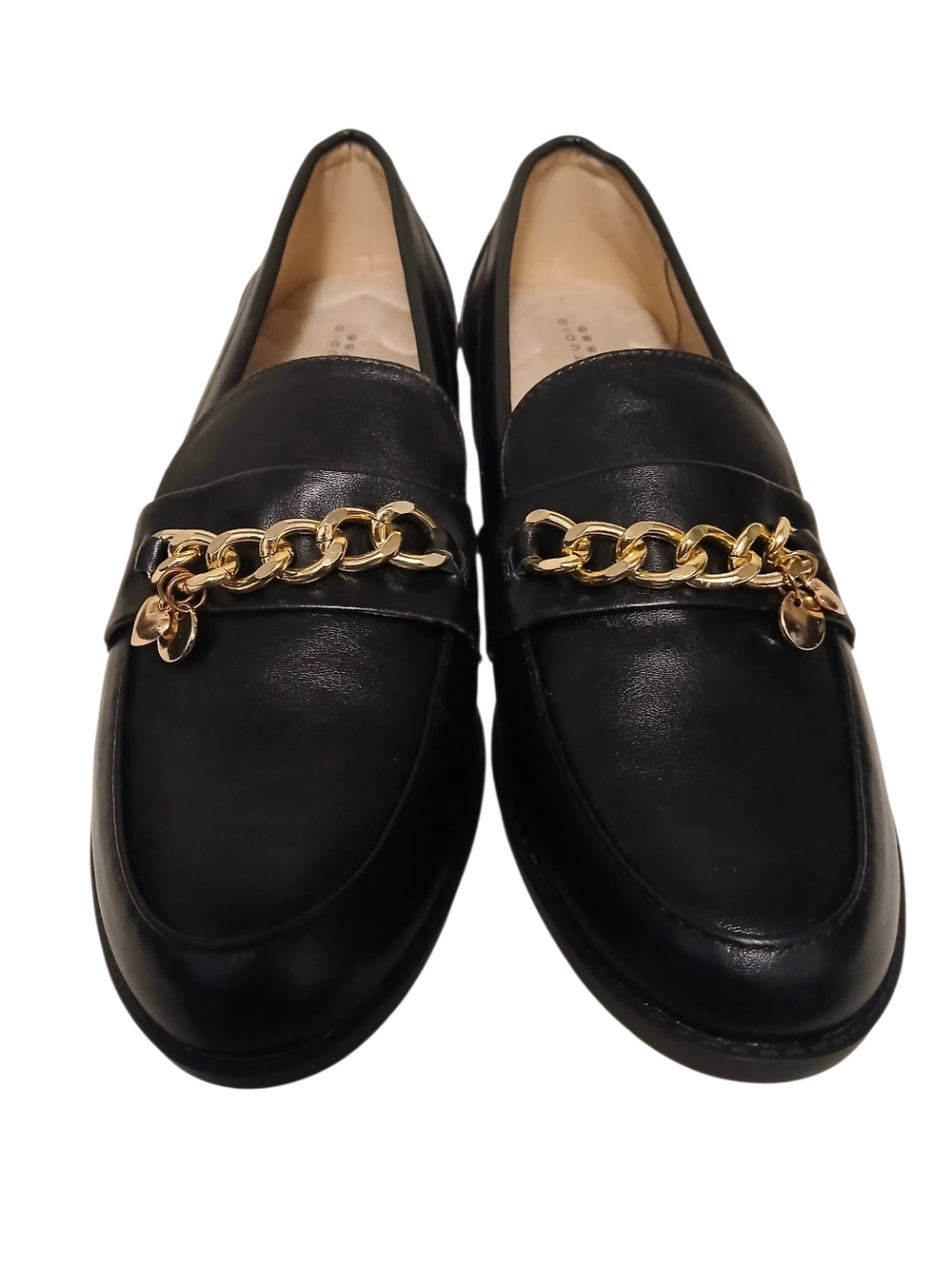 Studio 1886 Black Loafers with Gold Chain and Charm Accent